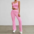 Ensemble de yoga rose avec haut sans manches et pantalon évasé à cordon pour femmes - S / Rose