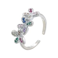 Macro shot of silver adjustable flower ring featuring colorful gemstones in a floral design - Platinum Multi Zirconia