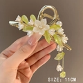 Pince à cheveux muguet de 11CM dorée avec pompons de fleurs blanches et perles chic - 103# Lotus Feuille Verte