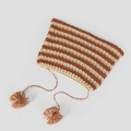 Detail of hand-knitted striped baby hat with cute cat ears and soft fluffy pompom ties - Burgundy