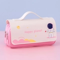 Pink astronaut themed pencil case with double zipper and large capacity handle - Space Pink