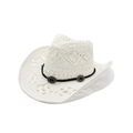 Detail of white hollow woven straw cowboy hat with black band and silver metal buckle - M (56-58cm) / White
