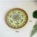 30cm round handmade rattan tray with green leaf and blue floral shell inlay patterns - Black Coin Green Leaves / Small 30*3cm