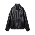 Chic black faux leather jacket for women with waist belt and double collar design - S / Black