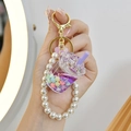 Purple miniature milk tea cup keychain with pearls and colorful beads inside - Chain Style / Purple