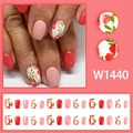 Floral print press-on nails set with red and pink floral patterns and solid colors - Coral Red Pink Floral Style (W1440) / Glue Type