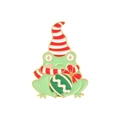 Broche grenouille de Noël en émail avec bonnet de Père Noël, écharpe et boule de cadeau - Grenouille avec haut-de-forme rayé et balle