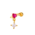 Golden heart arrow stud earring with red heart gemstone and clear square pendant detail - Heart Arrow (K-360)