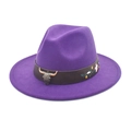 Detail of purple fedora hat featuring floral embroidery and bronze bull head ornament - M (56-58cm) / Purple