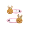 Pink woven BB hair clips with brown felt rabbit ears and gold glitter details for girls - Brown Bunny (MC008) / One Pair