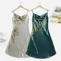 Elegantes Satin-Nachthemd mit Blumendruck und Wasserfall-Ausschnitt in Grau und Dunkelgrün - S / Graue Kirsche + Grüne Kirsche (2er-Set)