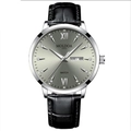 Men's luminous watch with silver steel case, black leather strap and day-date display - Black Leather Grey Dial