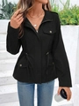 Close-up of black drawstring waist jacket with zipper closure and epaulette detail - S / Black
