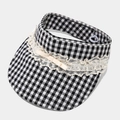 Close-up of black and white checkered sun hat with lace trim and delicate bow detail - Adjustable / Black