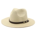 Classic beige woven straw fedora sun hat for summer outdoor beach trips with brown leather band - M (56-58cm) / Beige