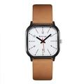 Square quartz watch with black metal case and brown leather strap on white background - Brown Strap White Dial