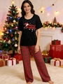 Christmas pajama set with Merry Christmas black top and red buffalo plaid pants - 3XL / Christmas Hat / Short Sleeve