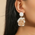 Chic house-shaped acrylic drop earrings in white and brown with a round stud - White Patchwork House Drop Earrings