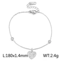 Pulsera de corazón en acero inoxidable plateado con diamantes de imitación y cadena fina - Color Acero