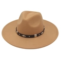 Classic camel wool jazz hat featuring wide brim and diamond metal studded leather band - Adult (57-62cm) / Camel