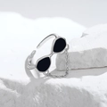Unique sunglasses shaped S925 silver ring with creative chain and black enamel finish - Adjustable Open / White Gold