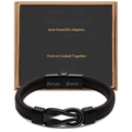 Close-up of black braided leather men's bracelet with magnetic clasp in a gift box - Grandson + Engraving Love You Forever