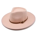 Pink wool felt fedora hat with wide brim and leather band featuring a golden buckle - M (56-58cm) / Pink