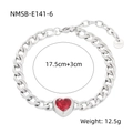 Pulsera de cadena cubana de acero plateado con un colgante de circón en forma de corazón rojo - 17.5cm+3cm Cadena de extensión / Acero con circonita roja