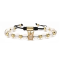 Men's adjustable woven bracelet with matte beads and gold crystal crown charm - Frosted White Crystal + Crown