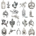 Pendentifs style cowboy occidental en alliage avec cactus cheval et chapeau en argent - Lot de 20 Pendentifs Cowboy Argent Antique