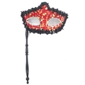 Handheld Halloween masquerade mask with red sequins, black lace trim and holding stick - Dragon Sequin Handheld Style / Red