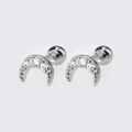 Crescent moon stud earring with sparkling white zircons and a secure screw ball back closure - Silver Zirconia Moon