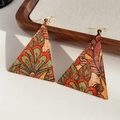 Close-up of vintage floral printed cork earrings in a geometric triangle shape - Ear Hook-Multicolor-Asymmetric Triangle