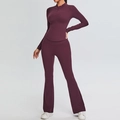 Slim fit burgundy yoga set with half-zip long sleeve top and high waist flare pants - S / Fuschia