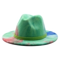 Rainbow tie-dye wool fedora hat with wide flat brim and green ribbon for men and women - M (56-58cm) / Apple Green Tie-dye #5