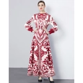 Rode en witte geometrische geplooide maxi-jurk met pofmouwen en vintage paleisstijl - Eén maat / Rood