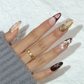 Unghie finte leopardate con fiori 3D dorati e texture ondulate per manicure - Stile Fiore d'Oro 3D Leopardo Mandorla-Modello Colla(Y-451)