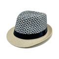 Cappello panama in paglia con trama geometrica blu e nastro nero decorativo - M / Bianco Sporco