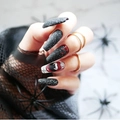 Long coffin press on nails with vampire fangs and red blood drip for Halloween night - Matte Vampire Dripping Blood Style (JP1247)