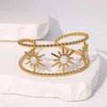 Bracelet jonc doré vintage avec motifs de tournesol et pierres blanches sur pierre - Blanc Nacré