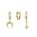 Set di tre orecchini dorati con ciondoli a stella e luna e zirconi colorati lucidi - Stile a Stella con Zirconi Colorati Mezzaluna (TZ00035金色) / Oro