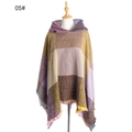 Hooded plaid poncho with fringe trim in yellow and brown checkered knit pattern - 05# Purple Yellow