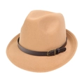 Classic camel wool fedora hat for men featuring a brown leather band and metal buckle - M (56-58cm) / Khaki