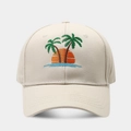 Cappellino da baseball in cotone beige con ricamo di palme tropicali e motivo tramonto - Regolabile / Beige