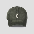 Macro detail of embroidered C patch on a vintage washed denim baseball cap with fine stitching - M (56-58cm) / Green