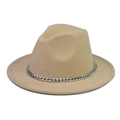 Detailed view of beige wool fedora hat with a thick silver metal chain accessory - Light Camel Hat Silver Chain