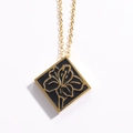 Vintage stainless steel square necklace with golden rose and black enamel pendant - Black Flower Necklace