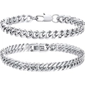 Detail of silver stainless steel Cuban link bracelets with different clasp designs - 2pcs Set / 19cm Length / Silver