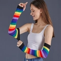 Rainbow striped knit arm warmers with thumb holes and vibrant multi-color pattern - Fingerless Gloves with Thumb Hole / Rainbow Striped Black Trim