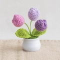 Handmade crochet tulip potted plant with pink and purple flowers in a white pot - 3-Head Tulip Purple Series